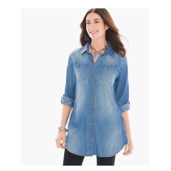 Chico’s Long Denim Button Front Light Wash Shirt Mini Dress Size 8 - Picture 1 of 12